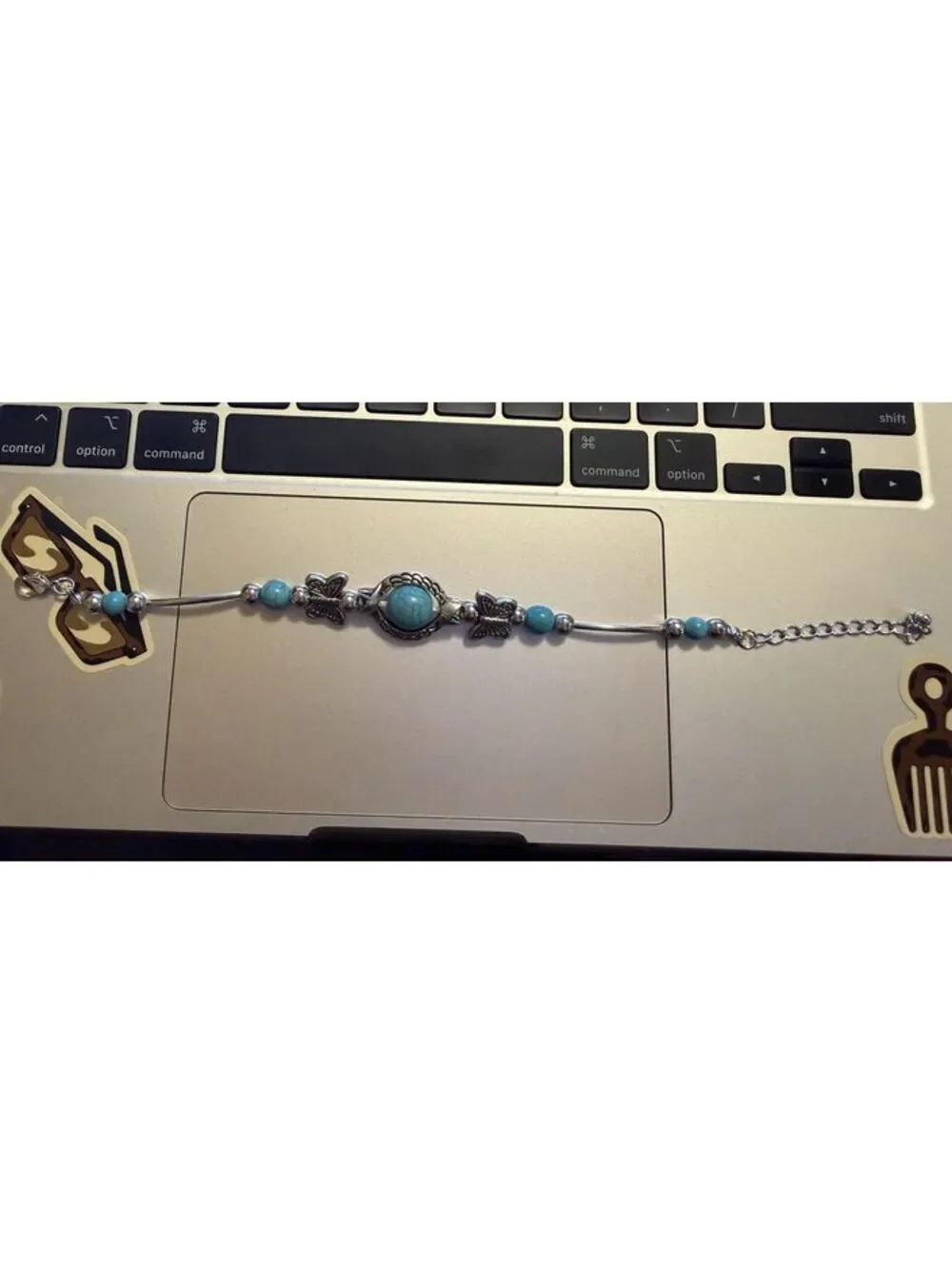 BRACELET Silver Tone Butterfly and Turquoise Beaded Bracelet